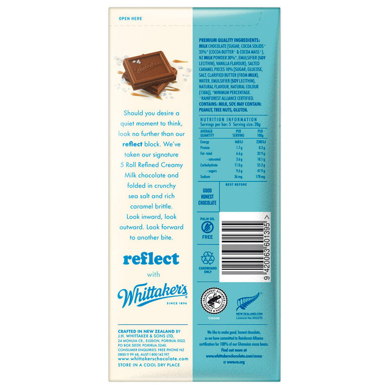 Whittaker's Chocolate Reflect Sea Salt & Caramel Brittle Block 100g