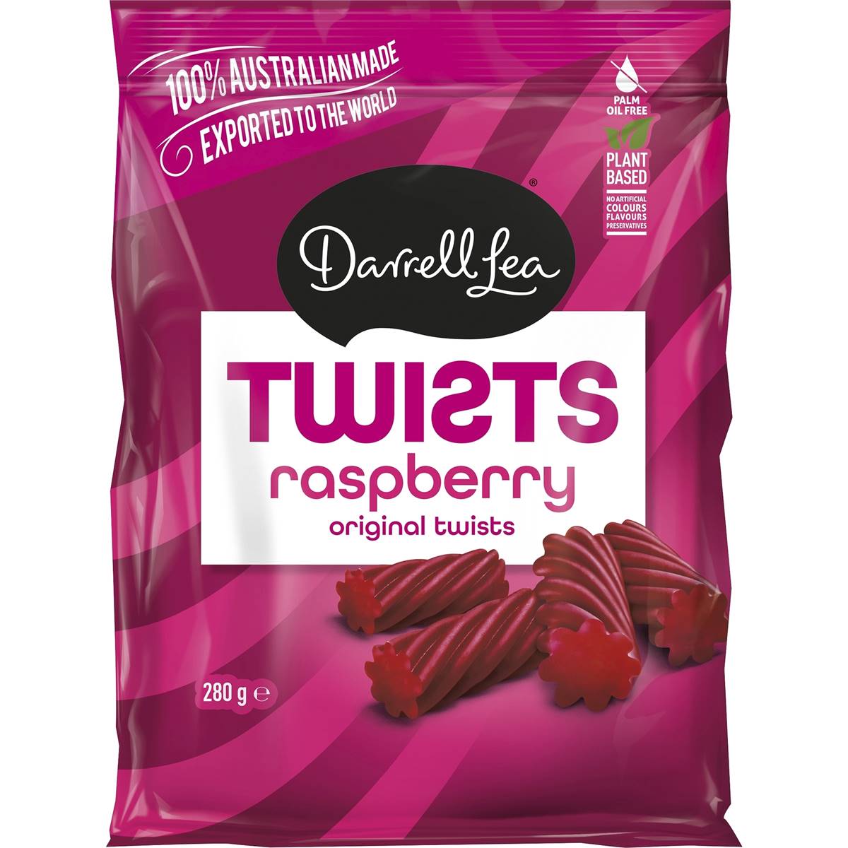 Darrell Lea Twists Raspberry Liquorice 280g | Worldwide Shipping