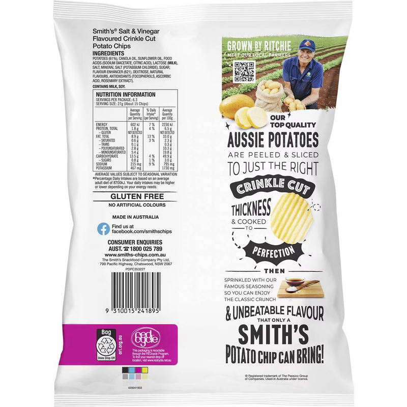 Smith's Crinkle Cut Potato Salt & Vinegar Chips 170g