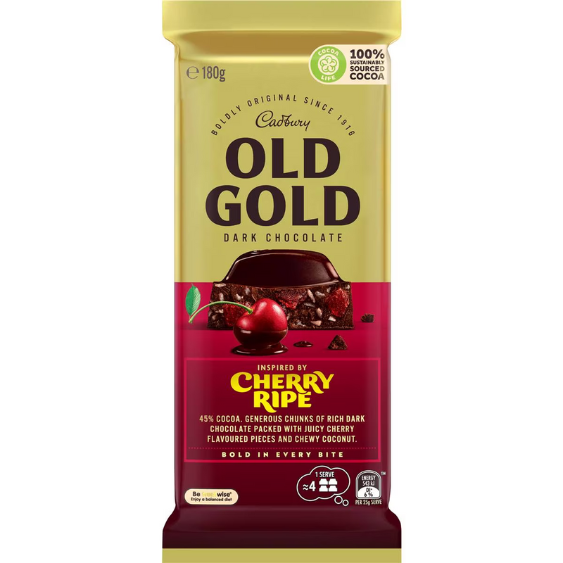 Cadbury Old Gold Cherry Ripe Dark Chocolate Block 180g