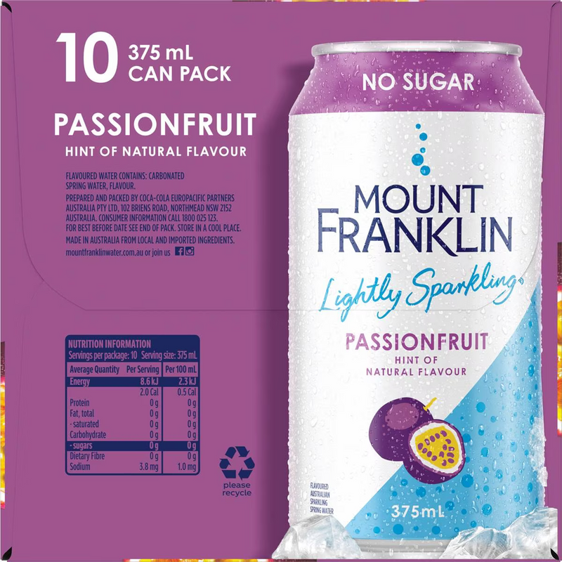 Mount Franklin Lightly Sparkling Passionfruit Cans 10 Pack 375ml