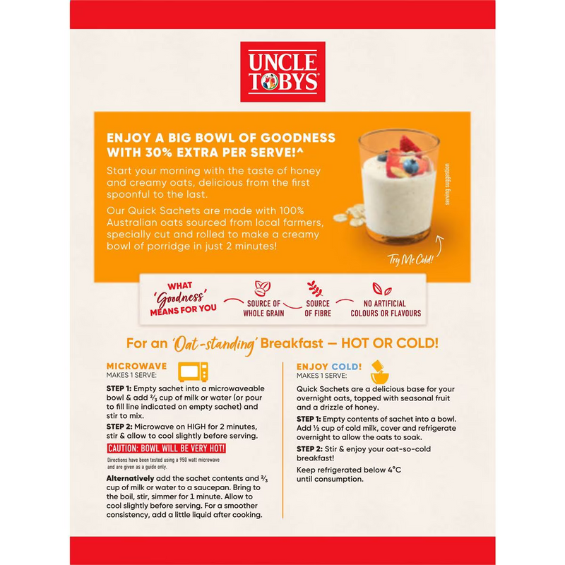 Uncle Tobys Oats Quick Sachets Big Bowl Creamy Honey Porridge 8 Pack 368g