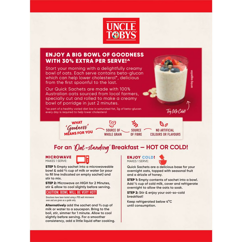 Uncle Tobys Oats Quick Sachets Big Bowl Original Porridge 8 Pack 368g