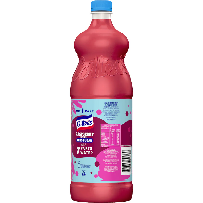 Cottee's Zero Sugar Raspberry Cordial Bottle 1L