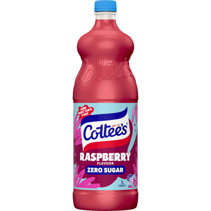 Cottee's Zero Sugar Raspberry Cordial Bottle 1L