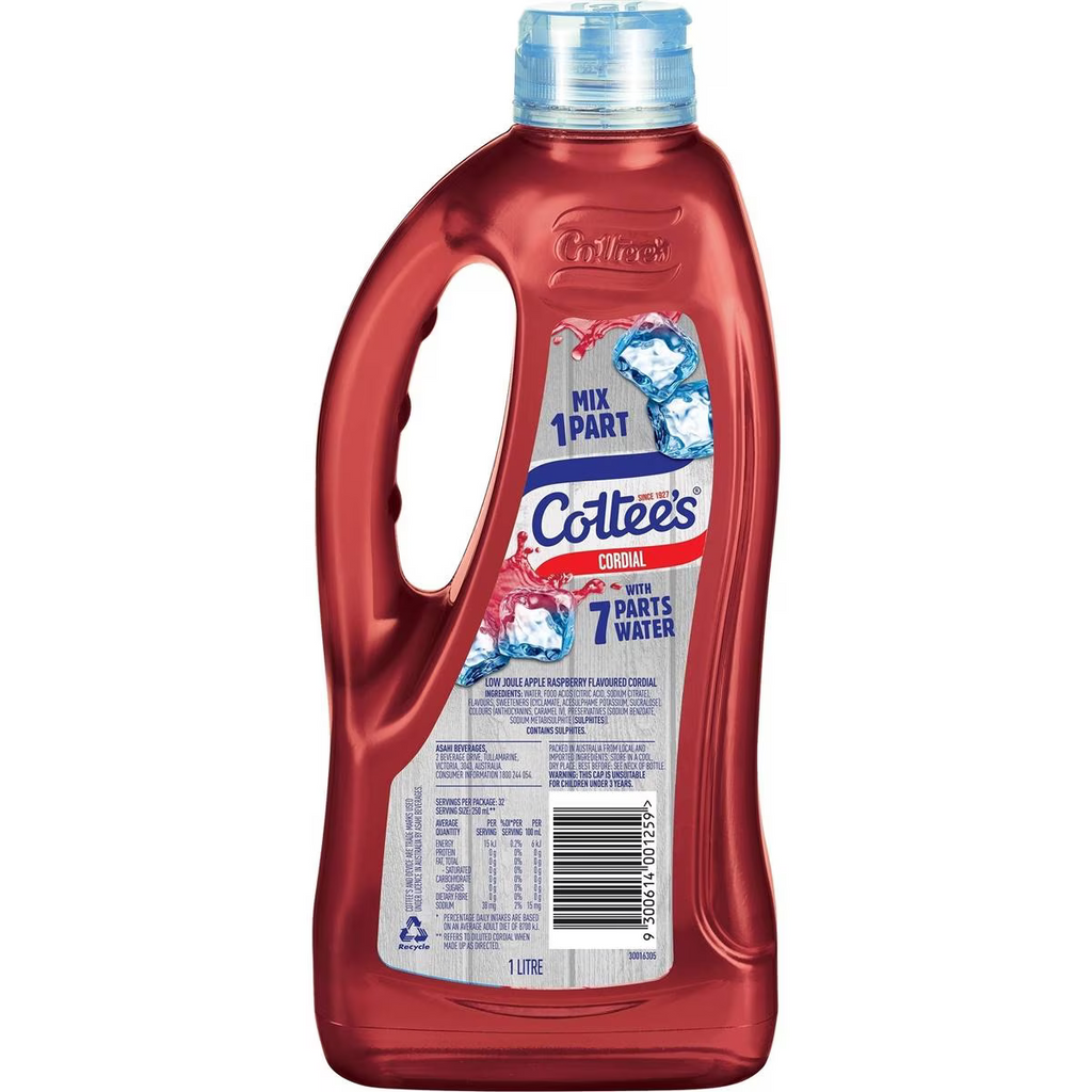 Apple Raspberry Cordial Cottee's Zero Sugar Apple & Raspberry Cordial 1L | Worldwide Shipping