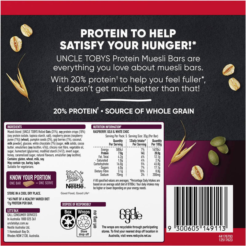 Uncle Tobys Protein Raspberry, Goji & White Choc Muesli Bars 5 Pack ...