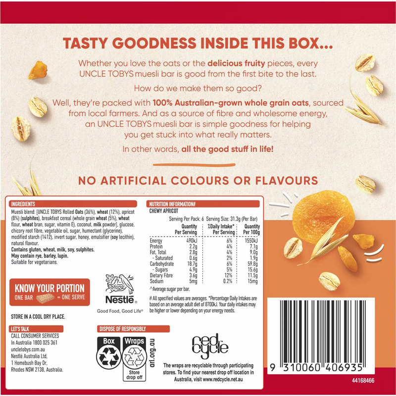 Uncle Tobys Muesli Bars Chewy Apricot 6 Pack 185g