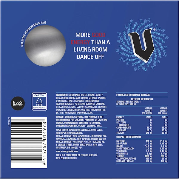 V Energy Drink Blue Guarana 500ml - 4 Pack
