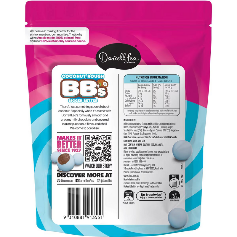 Darrell Lea BBs Coconut Rough Milk Chocolate Balls 168g