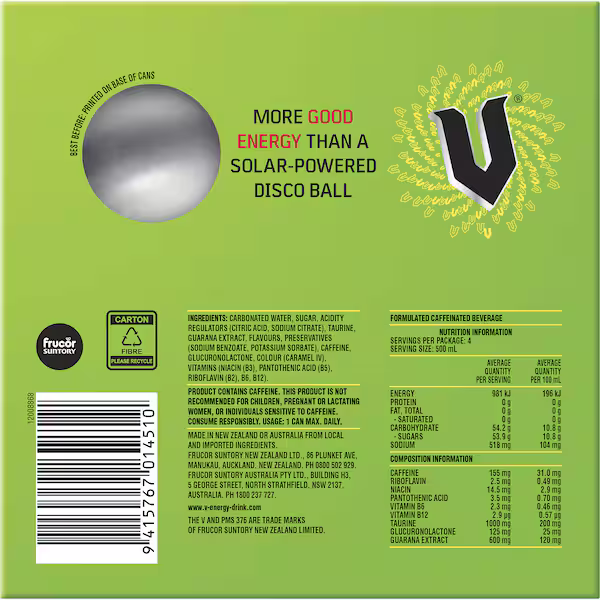 V Energy Drink Original Guarana 500ml - 4 Pack