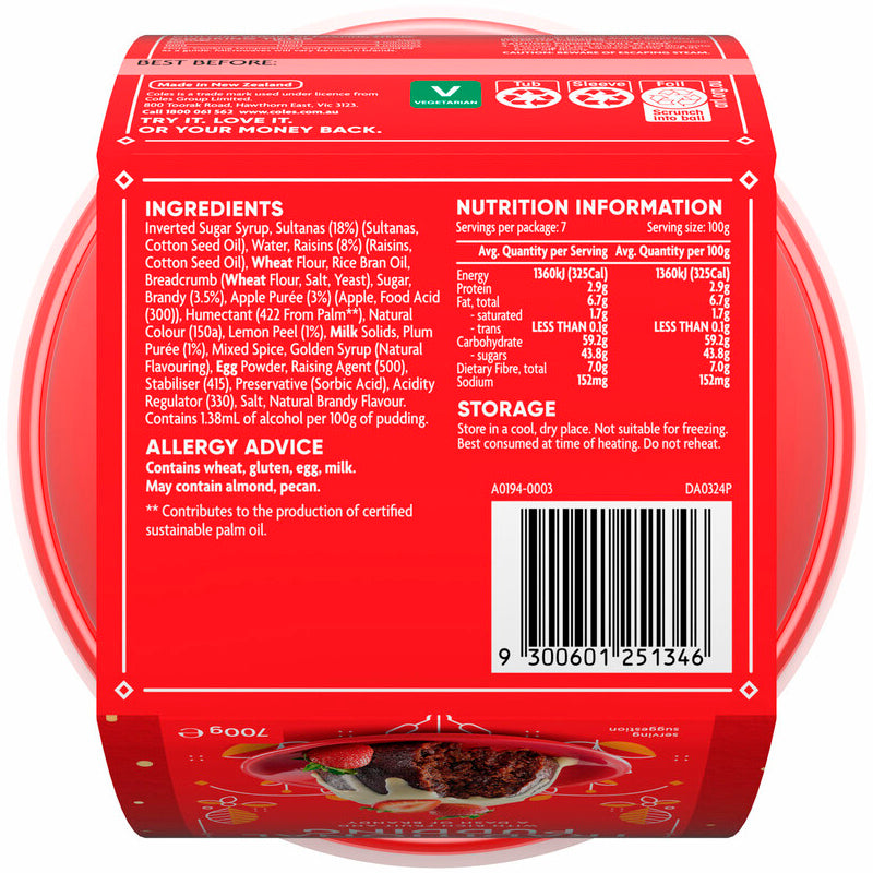 Coles Christmas Traditional Pudding Large 700g