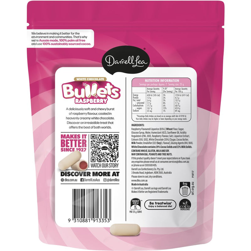 Darrell Lea Bullets White Chocolate Raspberry 180g