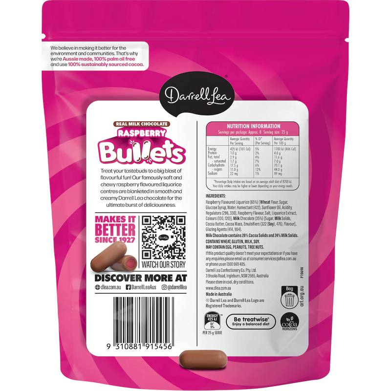 Darrell Lea Bullets  Milk Chocolate Raspberry 204g