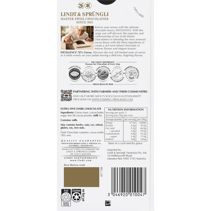 Lindt Excellence 78% Cocoa Dark Chocolate Block 100g