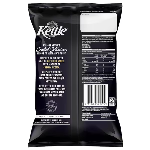 Kettle Crafted Potato Chips Hot Honey & Ricotta 150g