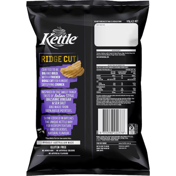 Kettle Ridge Cut Salt & Vinegar Potato Chips 165g