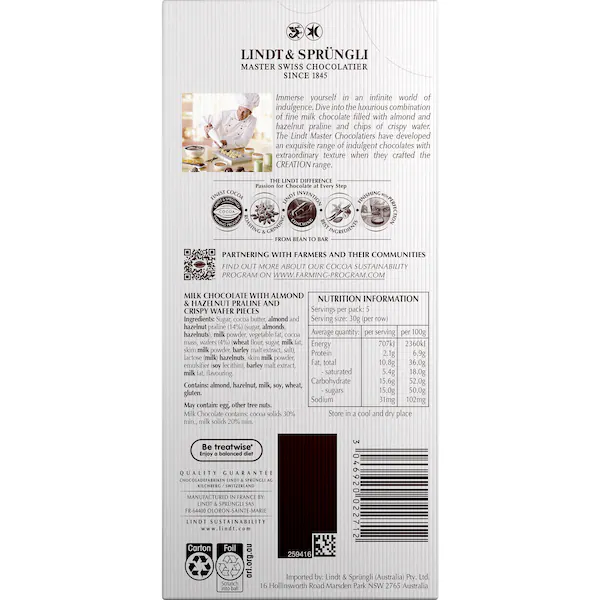 Lindt Creation Wafer & Nut Milk Chocolate Block 150g