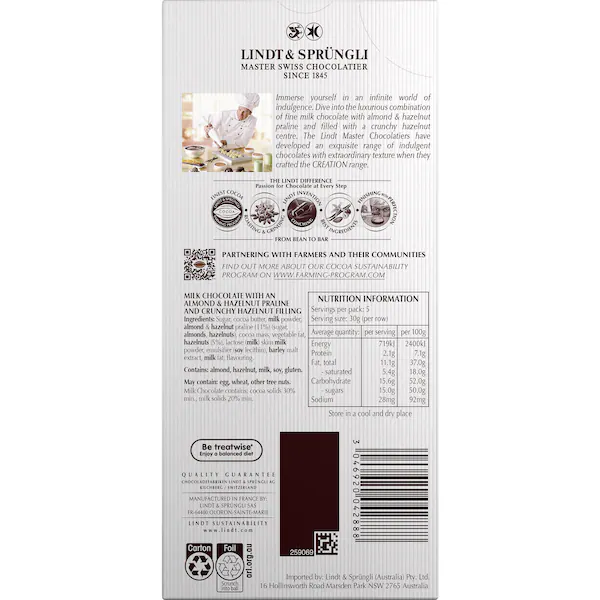 Lindt Creation Milk Hazelnut Chocolate Block 150g