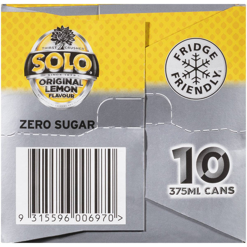 Schweppes Solo Original Lemon Zero Sugar Soft Drink 375ml - 10 Pack
