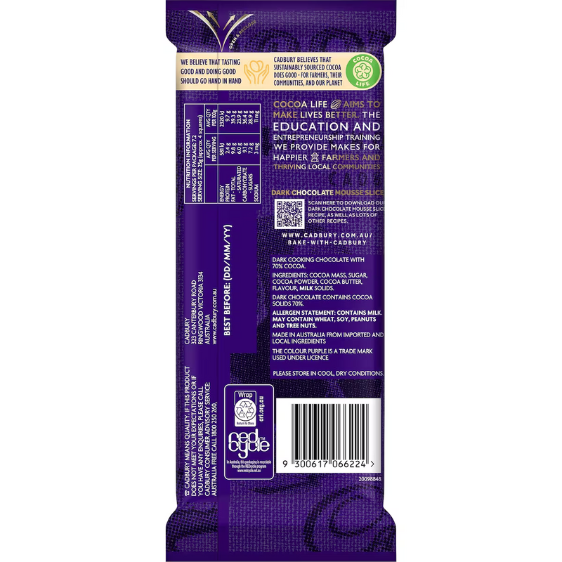 Cadbury Baking 70% Cocoa Dark Chocolate Block 180g
