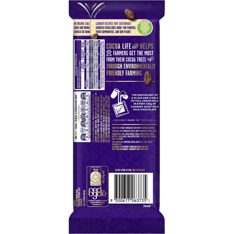 Cadbury Dairy Milk Bubbly Mint Chocolate Block 160g