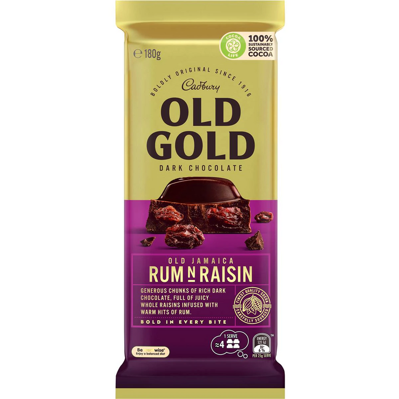 Cadbury Old Gold Rum 'n' Raisin Dark Chocolate Block 180g