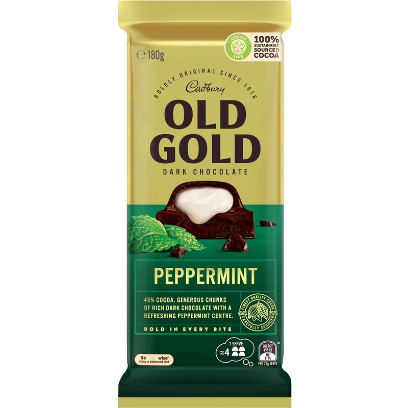 Cadbury Old Gold Peppermint Dark Chocolate Block 180g
