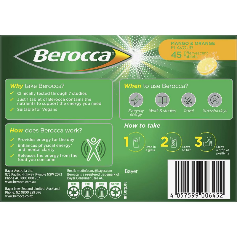 Berocca Vitamin B & C Mango & Orange Flavour Energy 45 Pack